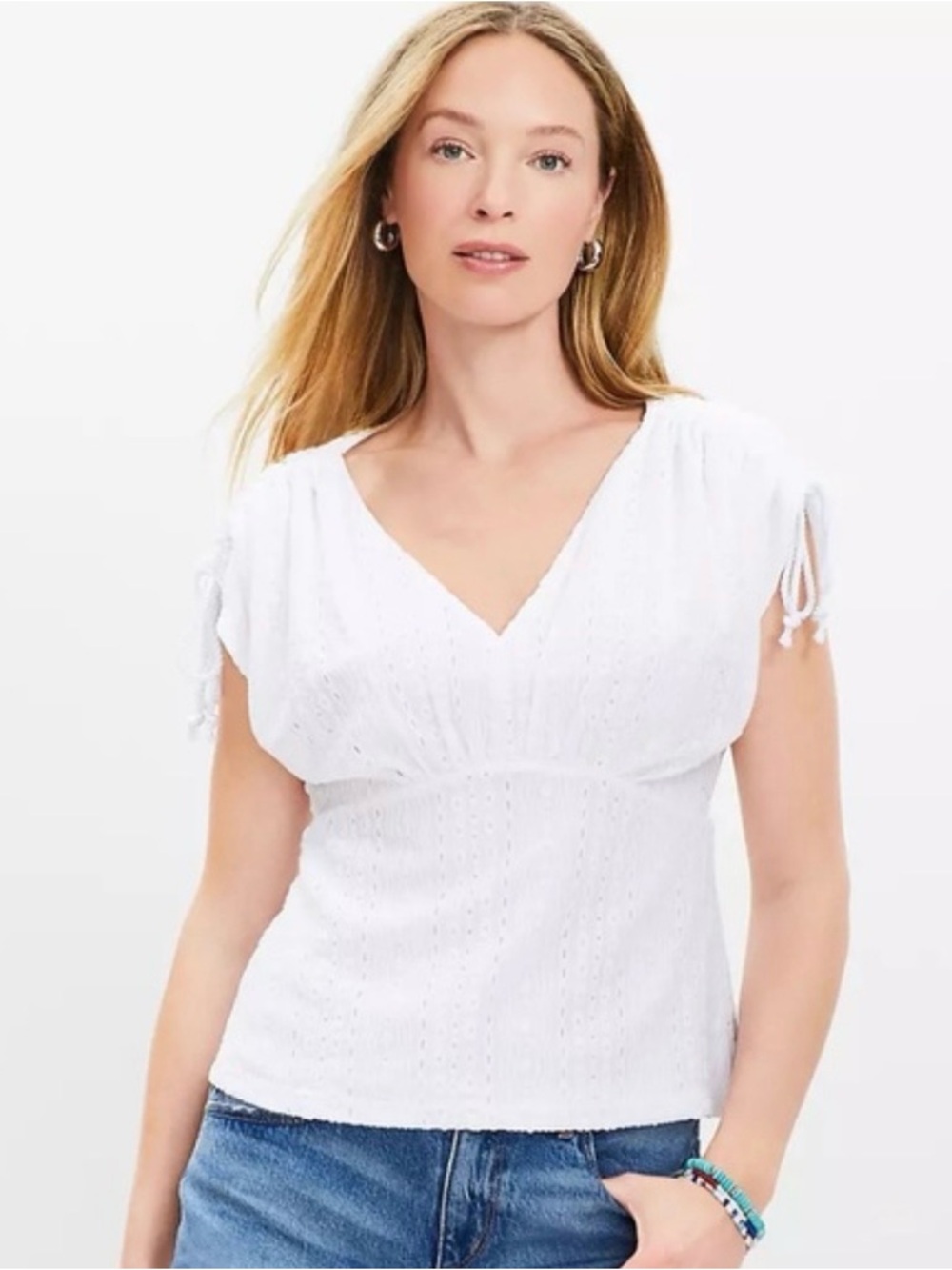 NWT LOFT White V-Neck Eyelet Short Sleeve Top